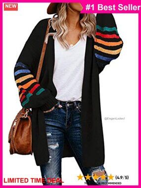 Striped Knit Open Front Cardigan Long Sleeve Loose Fit Sweater